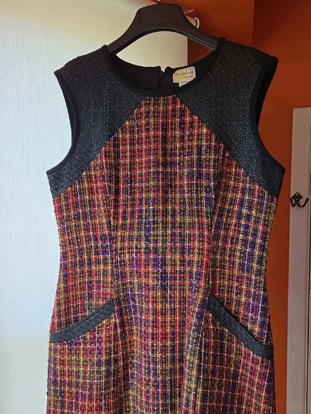 Mandala Multicolor Tweed Mini Dress with Black Trim